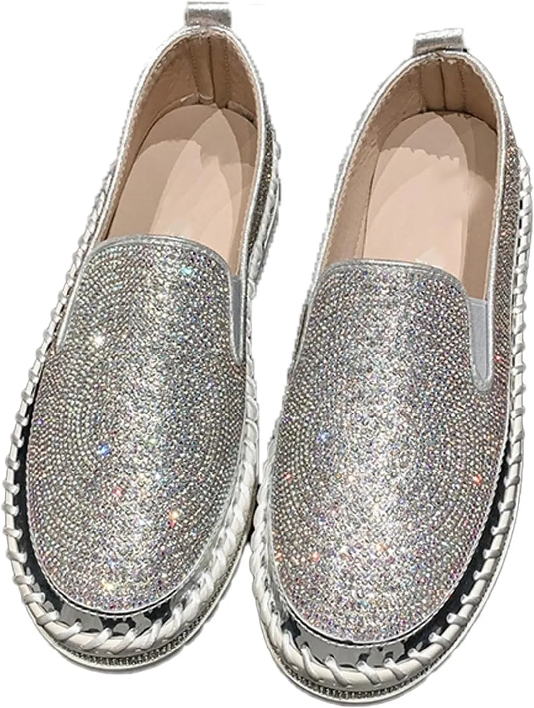 Women's Rhinestones Platform Loafer Comfort Round Wide Toe Slip On Sparkle Walking Shoes Handmade Non-Slip Fashion Sneakers