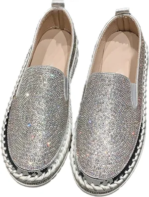 Women's Rhinestones Platform Loafer Comfort Round Wide Toe Slip On Sparkle Walking Shoes Handmade Non-Slip Fashion Sneakers
