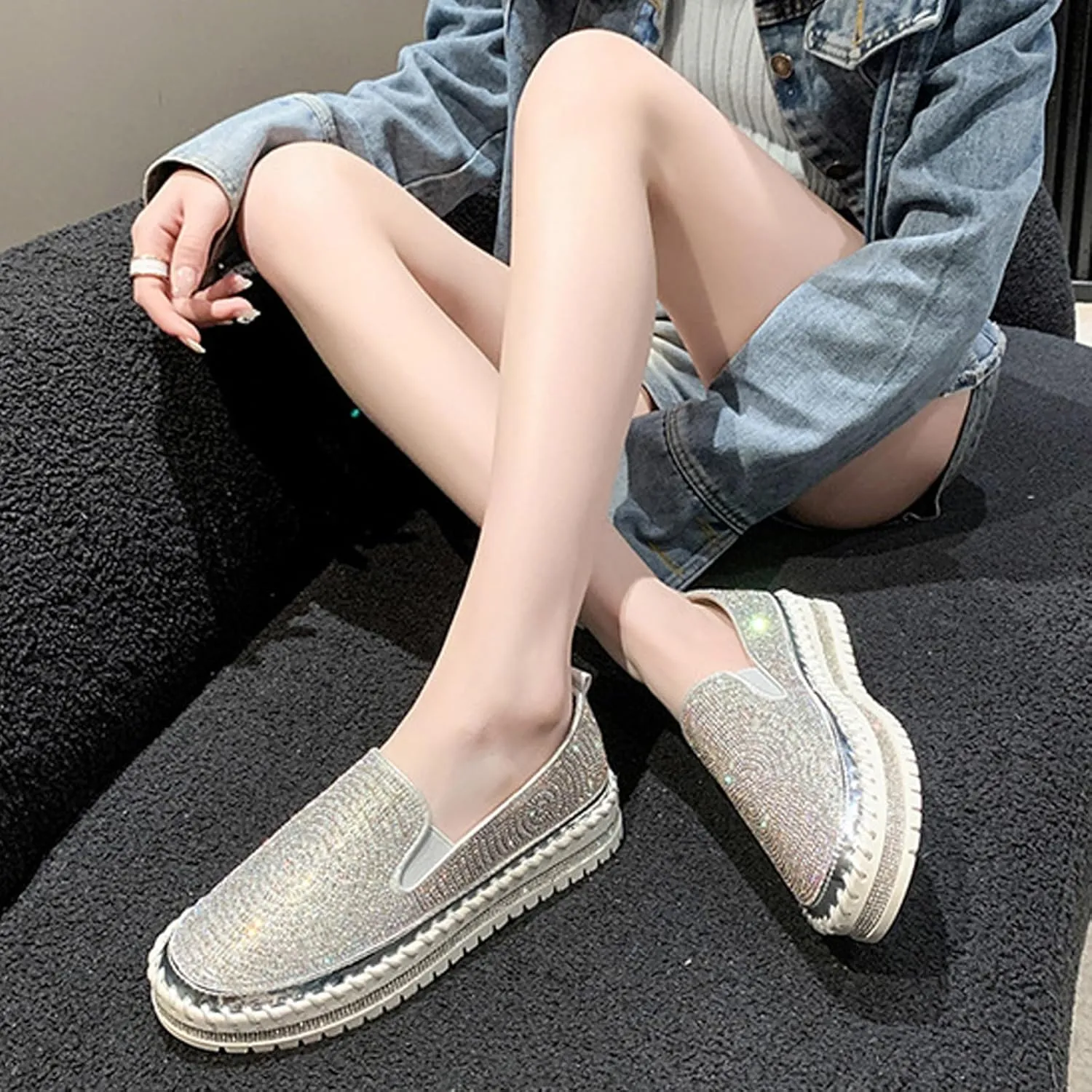 Women's Rhinestones Platform Loafer Comfort Round Wide Toe Slip On Sparkle Walking Shoes Handmade Non-Slip Fashion Sneakers