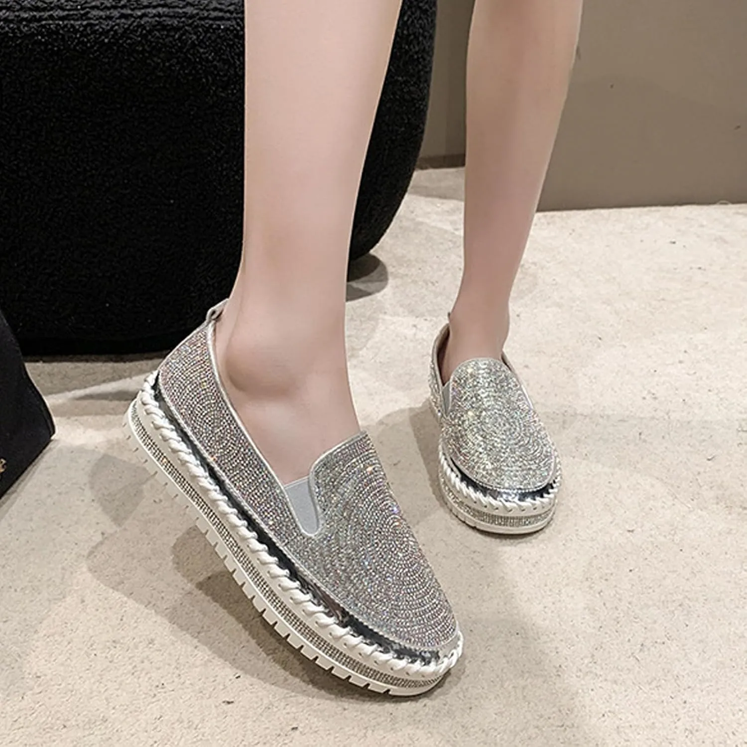 Women's Rhinestones Platform Loafer Comfort Round Wide Toe Slip On Sparkle Walking Shoes Handmade Non-Slip Fashion Sneakers