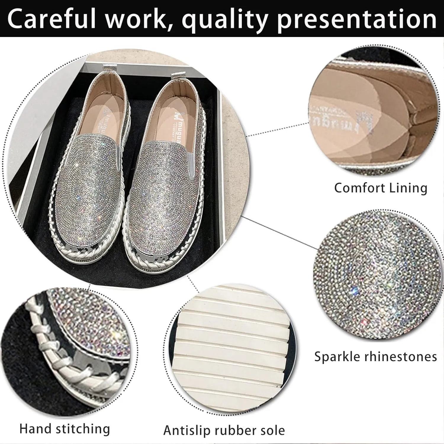 Women's Rhinestones Platform Loafer Comfort Round Wide Toe Slip On Sparkle Walking Shoes Handmade Non-Slip Fashion Sneakers
