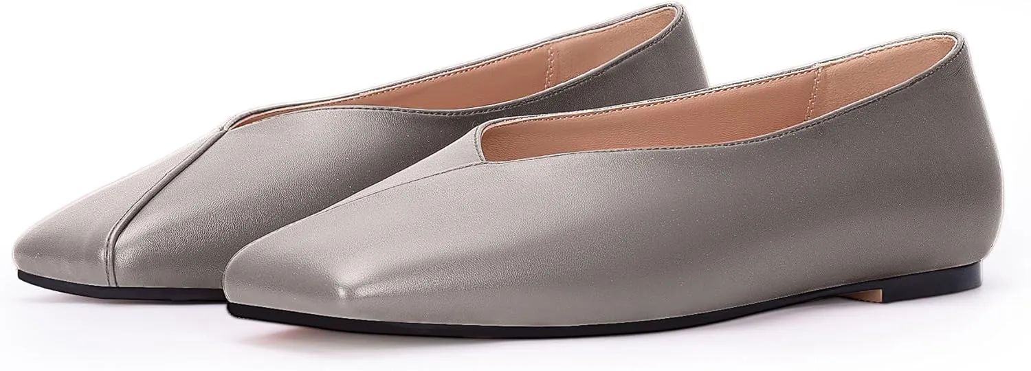 Women's Soft Ballet Silver Flats Elegant Slip On Square Toe Walking Single Shoes