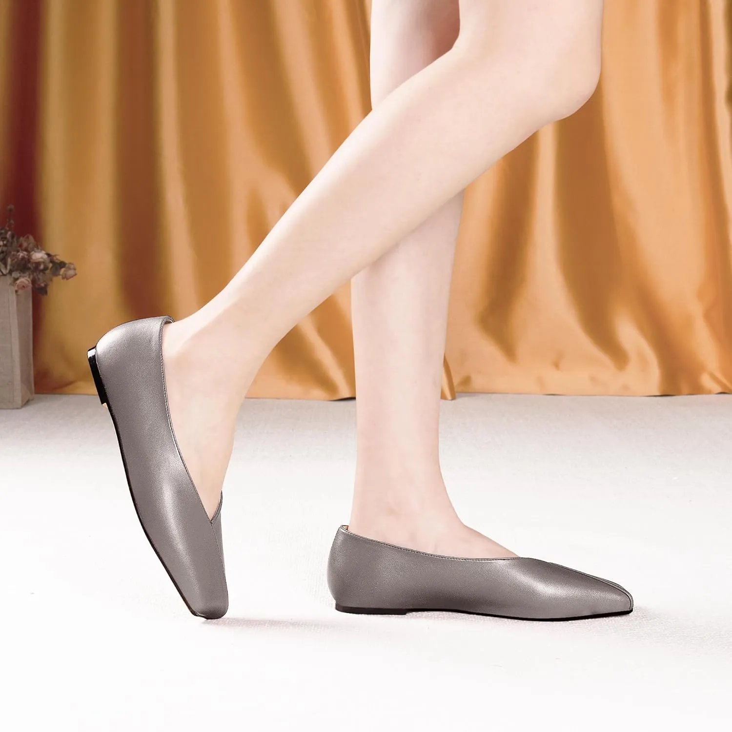 Women's Soft Ballet Silver Flats Elegant Slip On Square Toe Walking Single Shoes