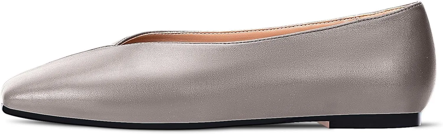 Women's Soft Ballet Silver Flats Elegant Slip On Square Toe Walking Single Shoes