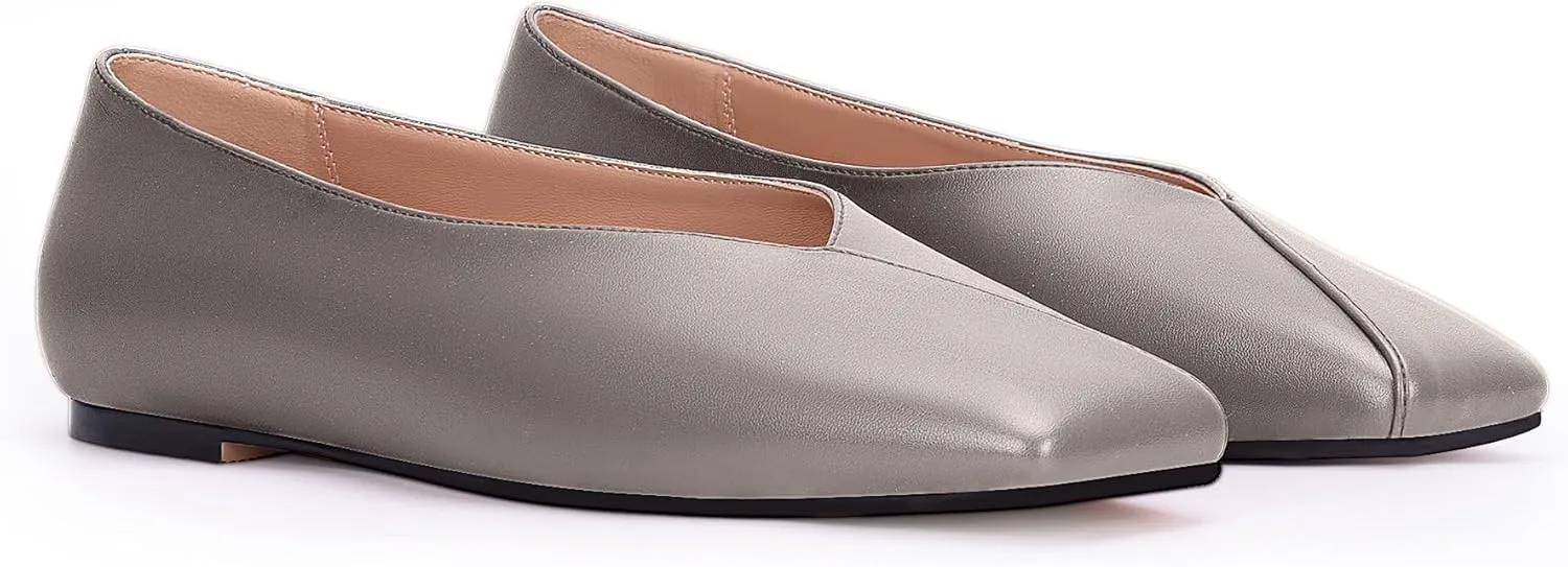 Women's Soft Ballet Silver Flats Elegant Slip On Square Toe Walking Single Shoes