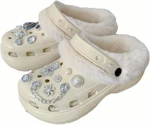 Women's Solid Color Heat-Lined Clogs, Slip-on Soft-Soled Platform Non-Slip Fluffy Shoes, Winter Luxury Indoor Slippers