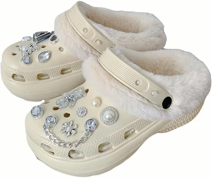 Women's Solid Color Heat-Lined Clogs, Slip-on Soft-Soled Platform Non-Slip Fluffy Shoes, Winter Luxury Indoor Slippers