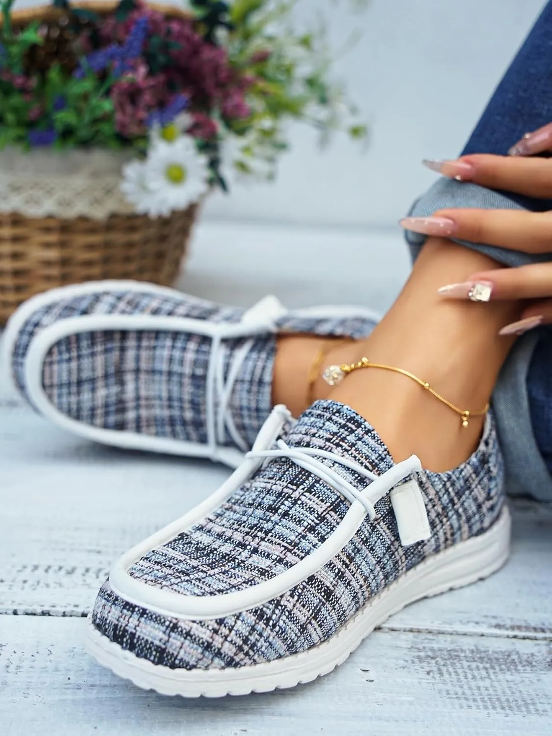 Women's Tweed Casual Slip-on Loafers Canvas Plaid Lightweight Easy Wear Boat Shoes for Outdoor Classic Style Comfortable Trend US 6-10.5