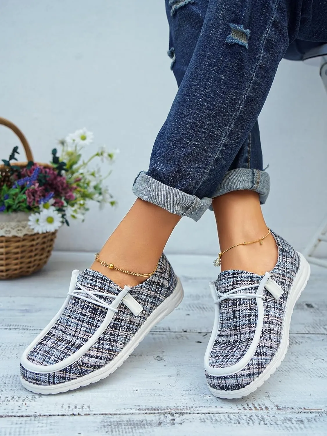 Women's Tweed Casual Slip-on Loafers Canvas Plaid Lightweight Easy Wear Boat Shoes for Outdoor Classic Style Comfortable Trend US 6-10.5