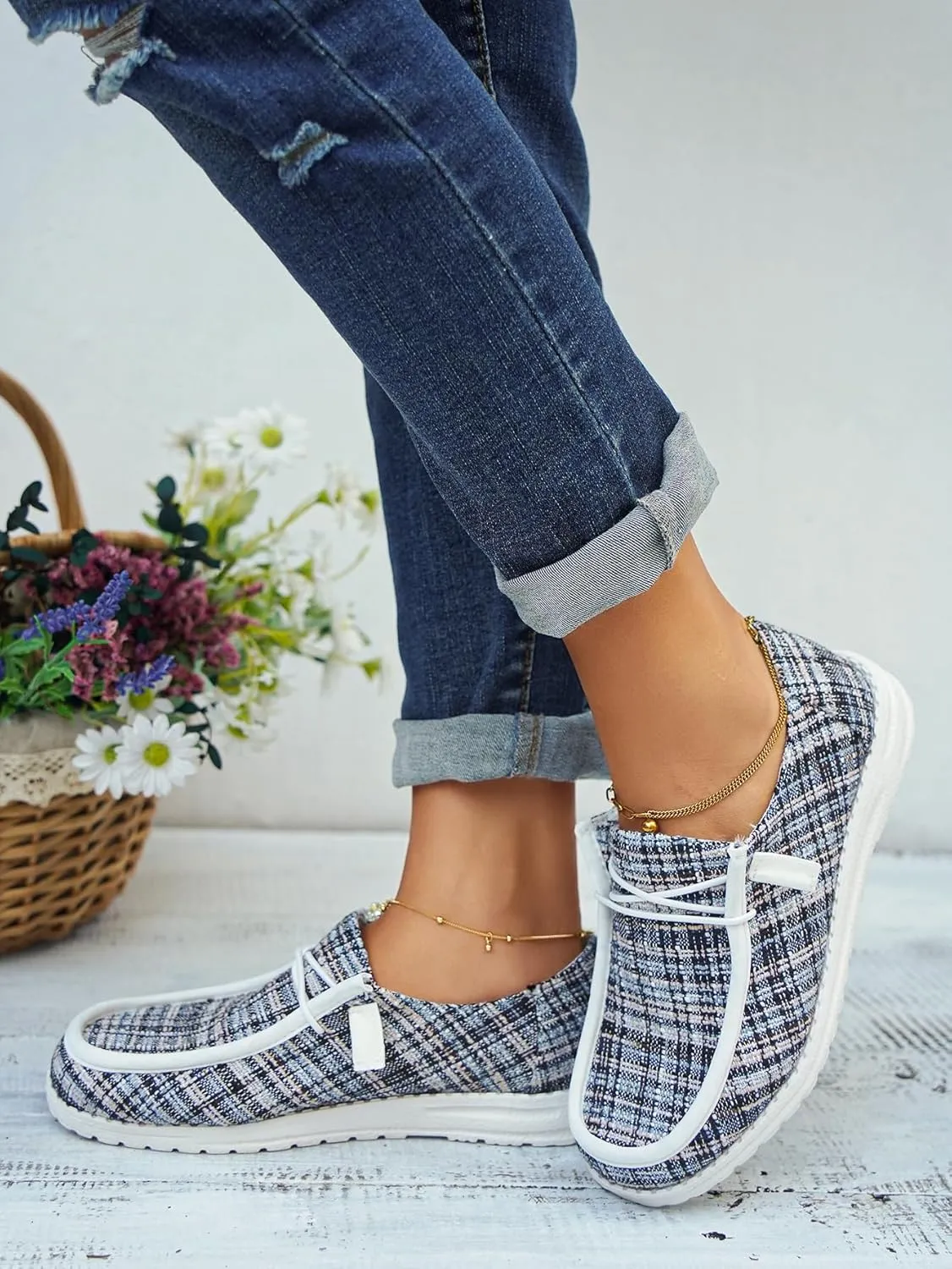 Women's Tweed Casual Slip-on Loafers Canvas Plaid Lightweight Easy Wear Boat Shoes for Outdoor Classic Style Comfortable Trend US 6-10.5