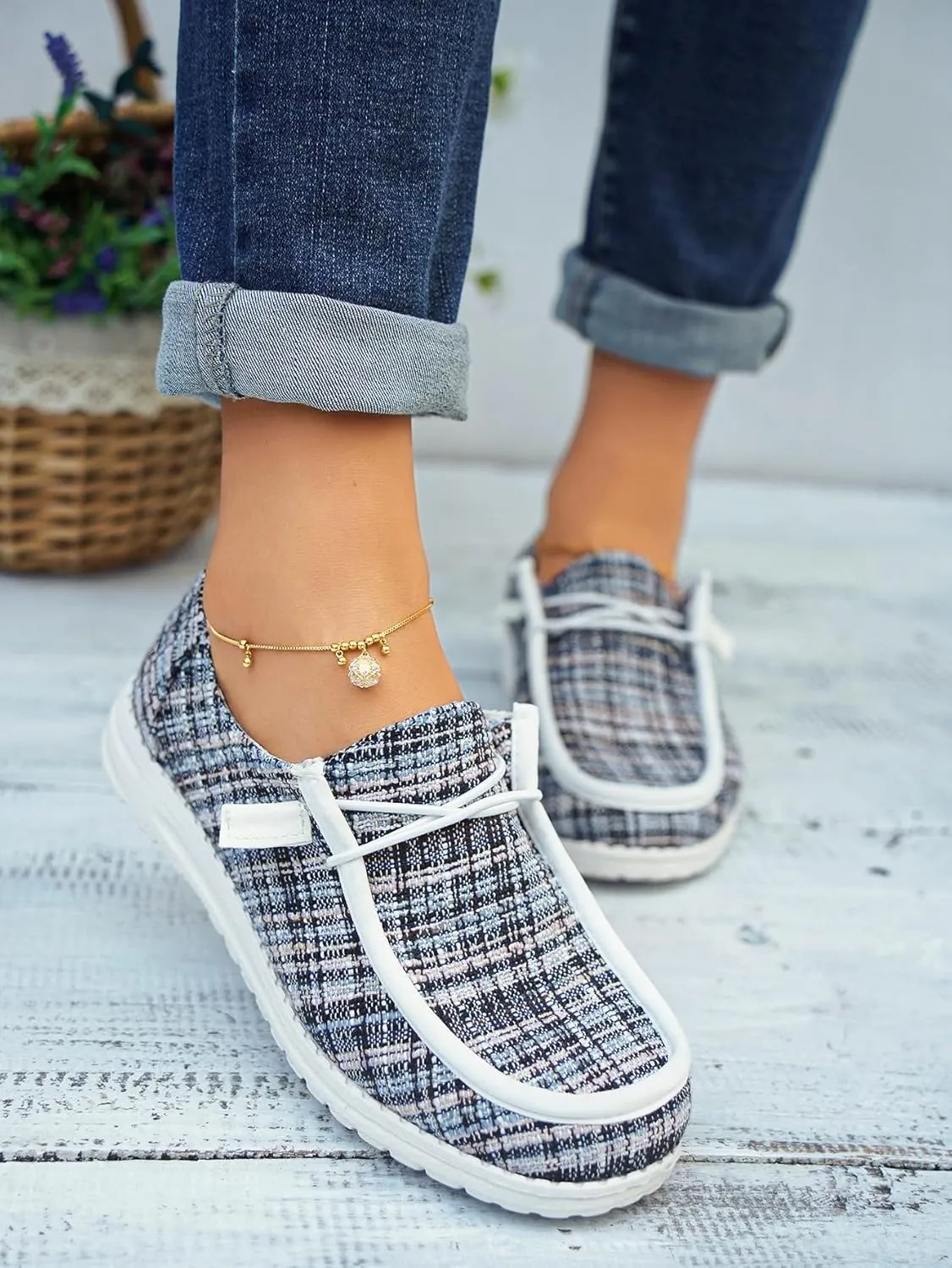 Women's Tweed Casual Slip-on Loafers Canvas Plaid Lightweight Easy Wear Boat Shoes for Outdoor Classic Style Comfortable Trend US 6-10.5
