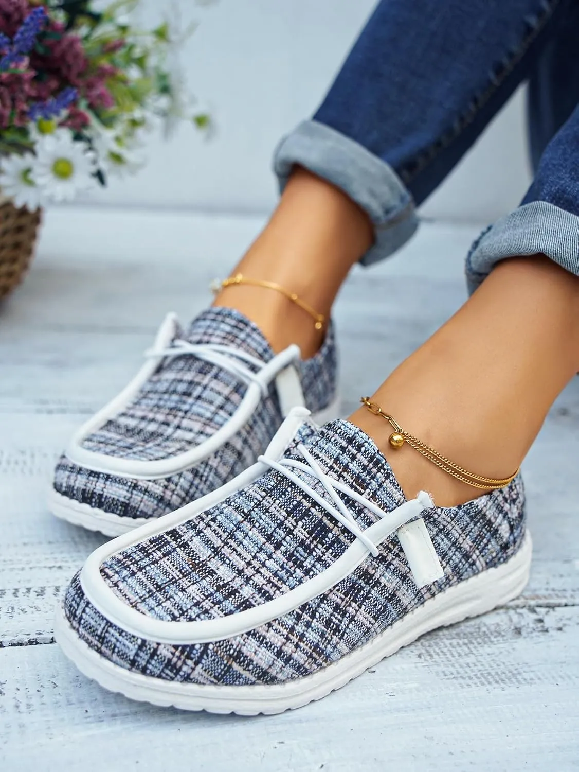 Women's Tweed Casual Slip-on Loafers Canvas Plaid Lightweight Easy Wear Boat Shoes for Outdoor Classic Style Comfortable Trend US 6-10.5