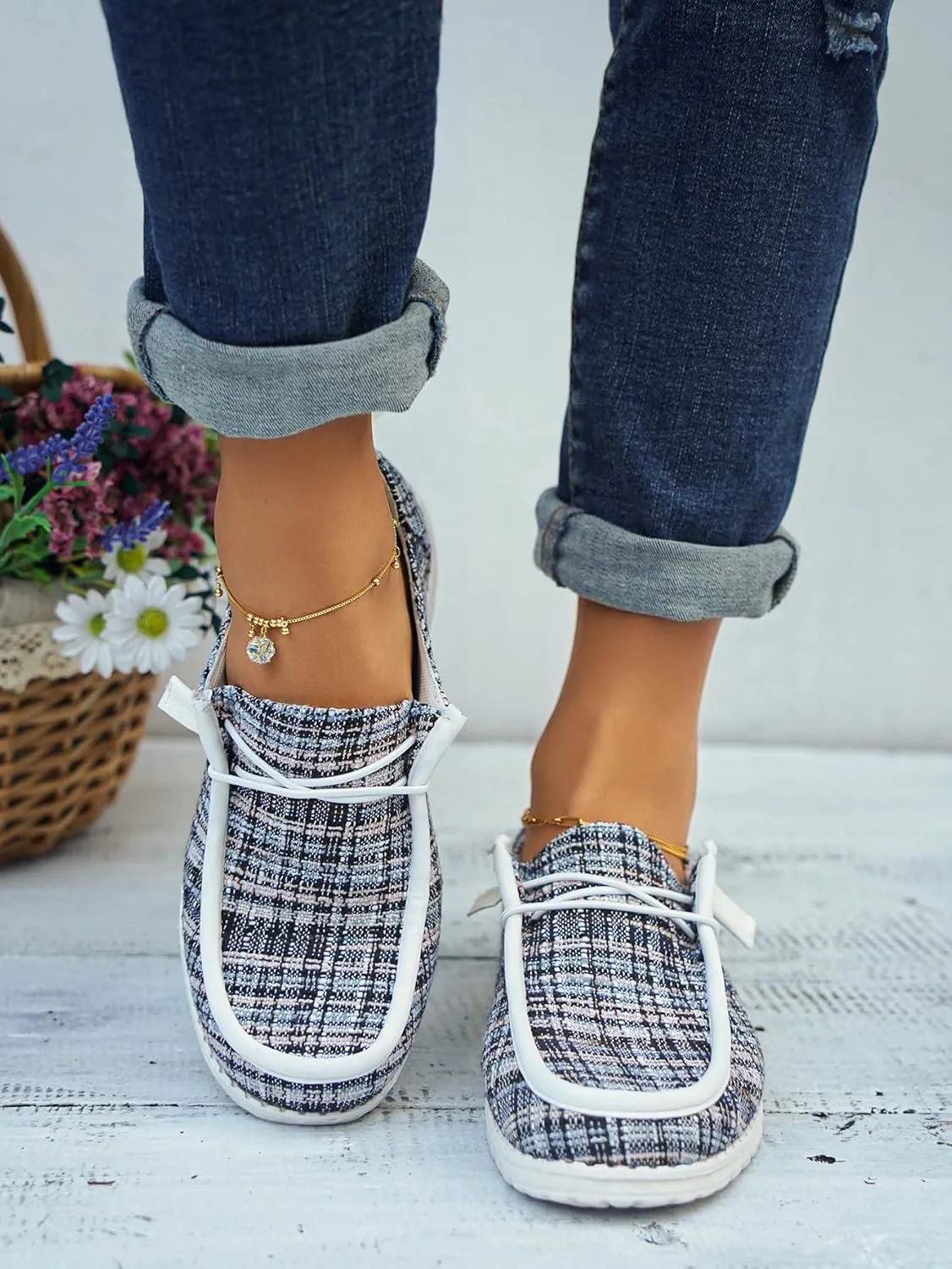Women's Tweed Casual Slip-on Loafers Canvas Plaid Lightweight Easy Wear Boat Shoes for Outdoor Classic Style Comfortable Trend US 6-10.5