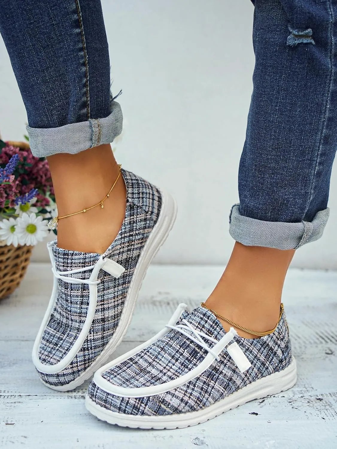 Women's Tweed Casual Slip-on Loafers Canvas Plaid Lightweight Easy Wear Boat Shoes for Outdoor Classic Style Comfortable Trend US 6-10.5
