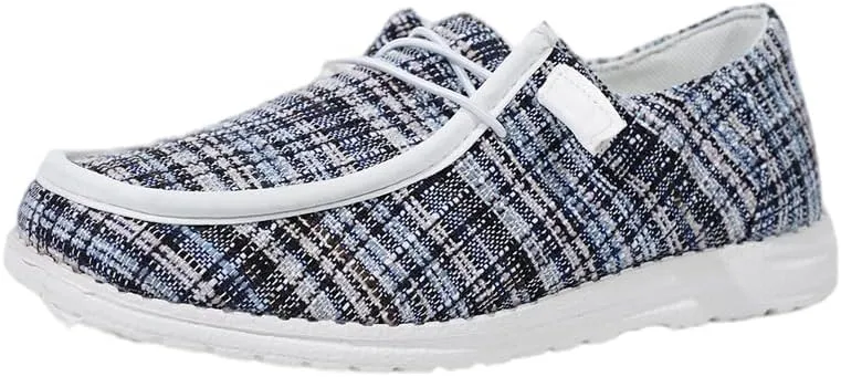 Women's Tweed Casual Slip-on Loafers Canvas Plaid Lightweight Easy Wear Boat Shoes for Outdoor Classic Style Comfortable Trend US 6-10.5