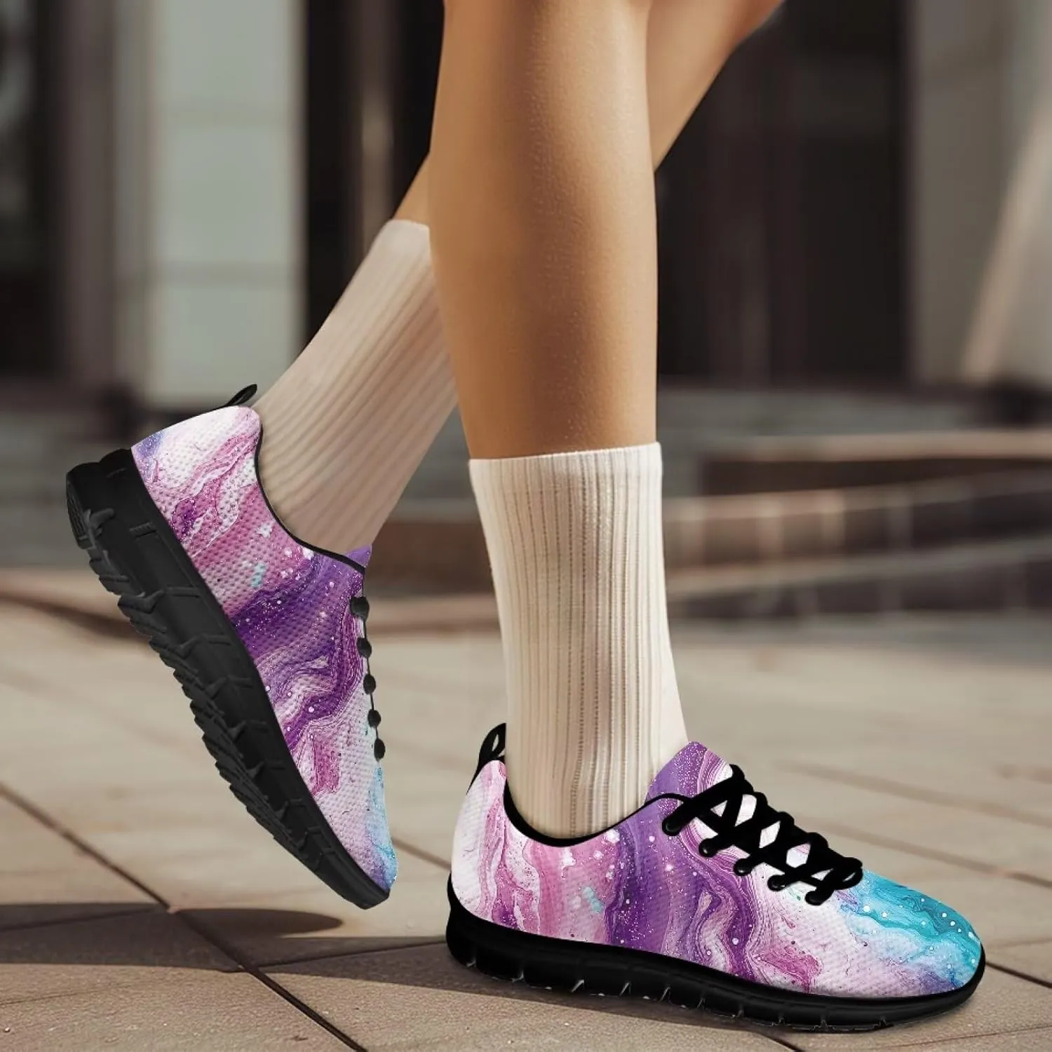 Womens Walking Shoes Non Slip Gym Workout Sneakers Popular Lace-Up Lightweight Comfort Cushion Shoes for Outdoor Size 5-12 Black Sole