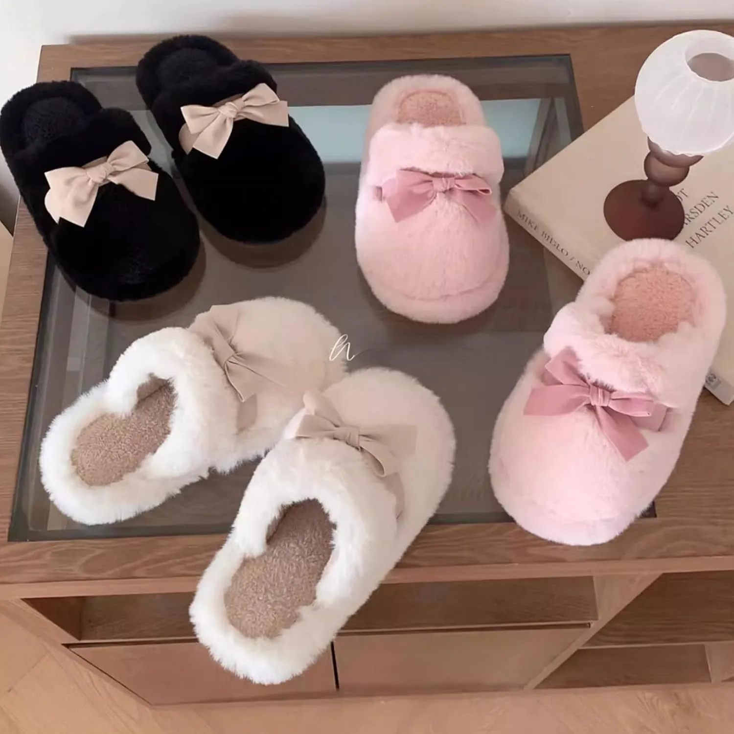 Women's Winter Warm Bow Knot Fuzzy Plush Slippers, Cute Indoor Slip-On Home Shoes for Girls