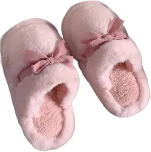 Women's Winter Warm Bow Knot Fuzzy Plush Slippers, Cute Indoor Slip-On Home Shoes for Girls