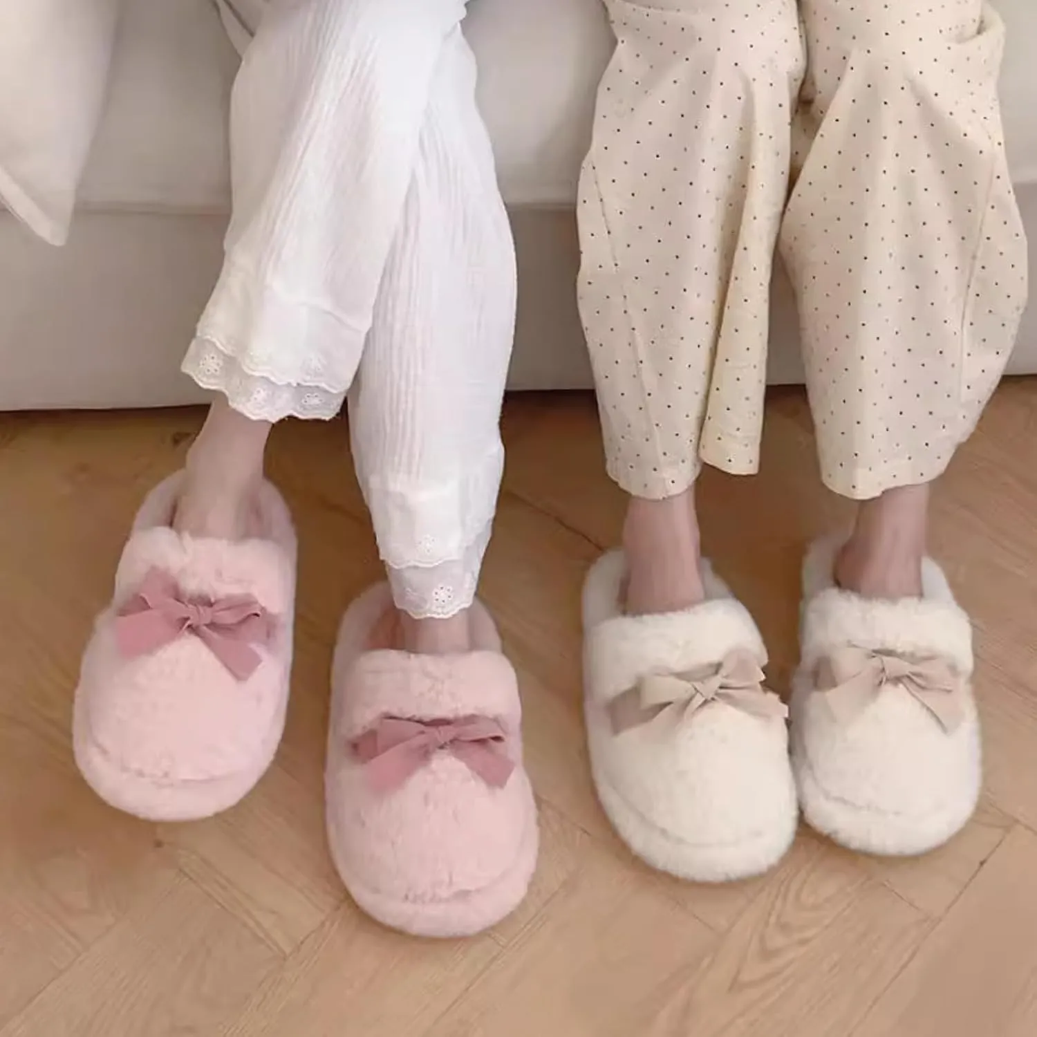 Women's Winter Warm Bow Knot Fuzzy Plush Slippers, Cute Indoor Slip-On Home Shoes for Girls