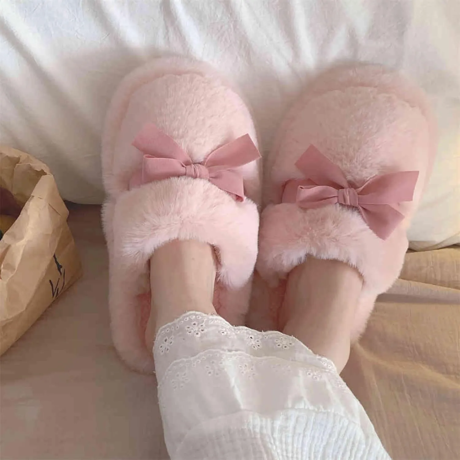 Women's Winter Warm Bow Knot Fuzzy Plush Slippers, Cute Indoor Slip-On Home Shoes for Girls