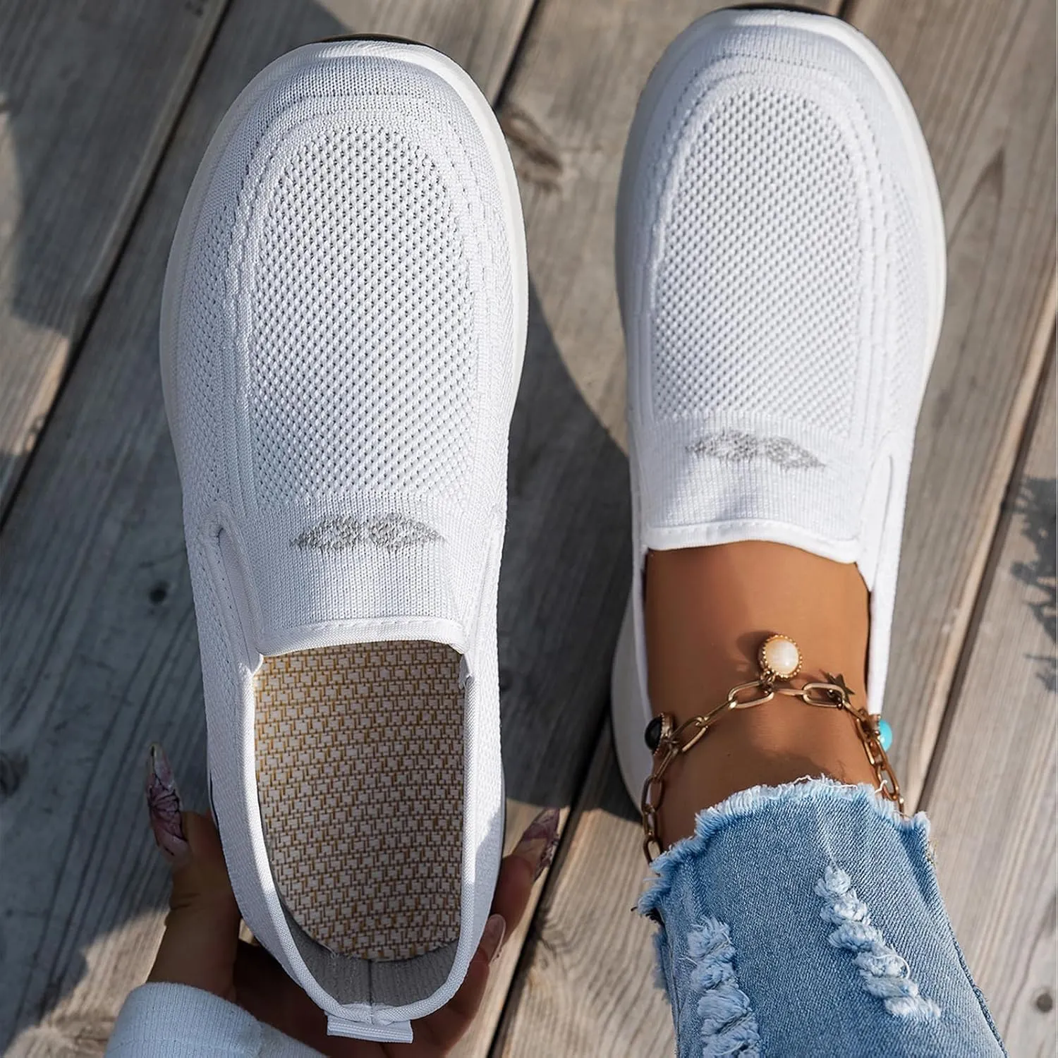 Women's Woven Orthopedic Breathable Soft Shoes Go Walk Slip on Shoes Diabetic Foam Shoes Hands Free Slip on Sneakers with Arch Support for Women
