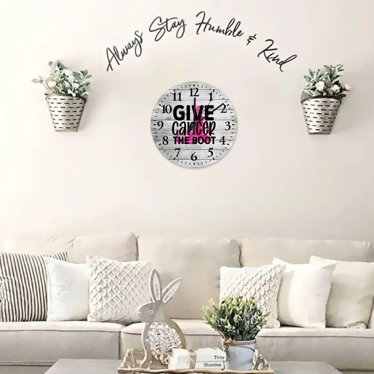 Wooden Wall Clocks Breast Cancer Give Cancer The Boot Home Decor Wall Clocks Battery-Powered with Quartz Movement Breast Cancer Awareness Survivor Round Clock for Living Room Office 10 Inch