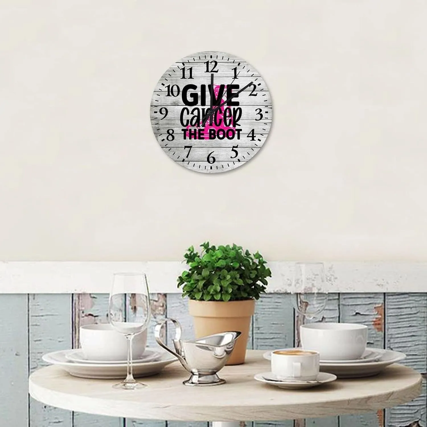 Wooden Wall Clocks Breast Cancer Give Cancer The Boot Home Decor Wall Clocks Battery-Powered with Quartz Movement Breast Cancer Awareness Survivor Round Clock for Living Room Office 10 Inch