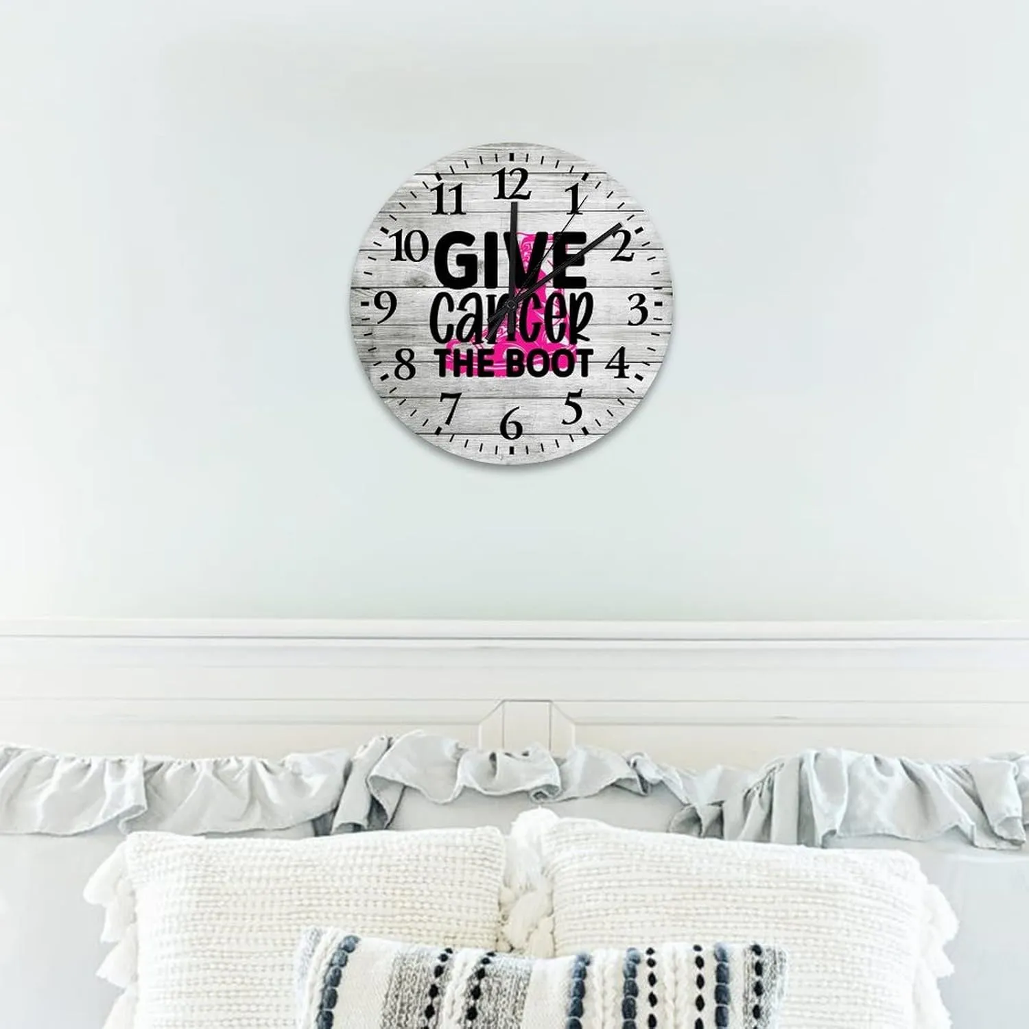 Wooden Wall Clocks Breast Cancer Give Cancer The Boot Home Decor Wall Clocks Battery-Powered with Quartz Movement Breast Cancer Awareness Survivor Round Clock for Living Room Office 10 Inch
