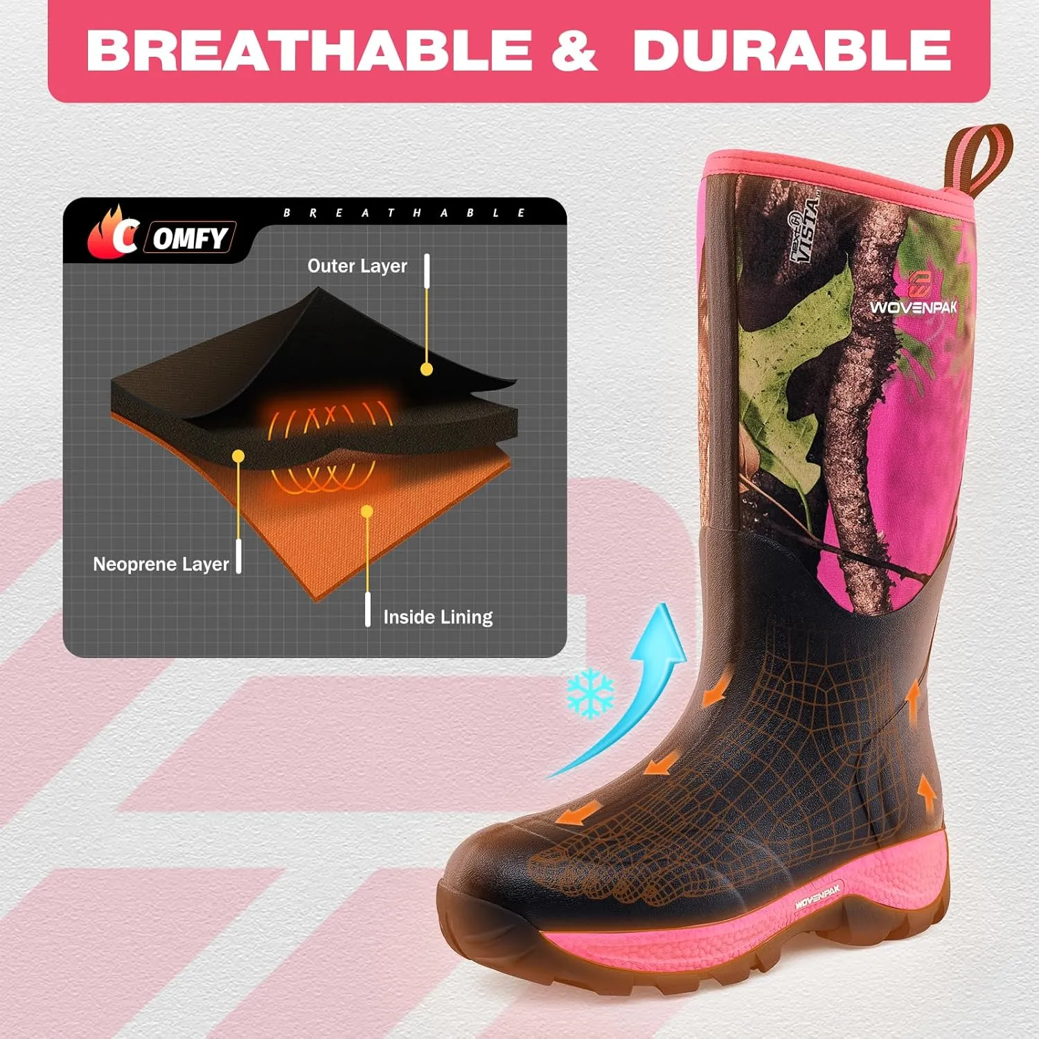 WOVENPAK Rubber Boots for Women, Waterproof Rain Boots Women with Steel Shank, Insulated Hunting Boots, Neoprene Garden Mud Boots All Season for Hunting, Gardening, Farming, Size 6-11
