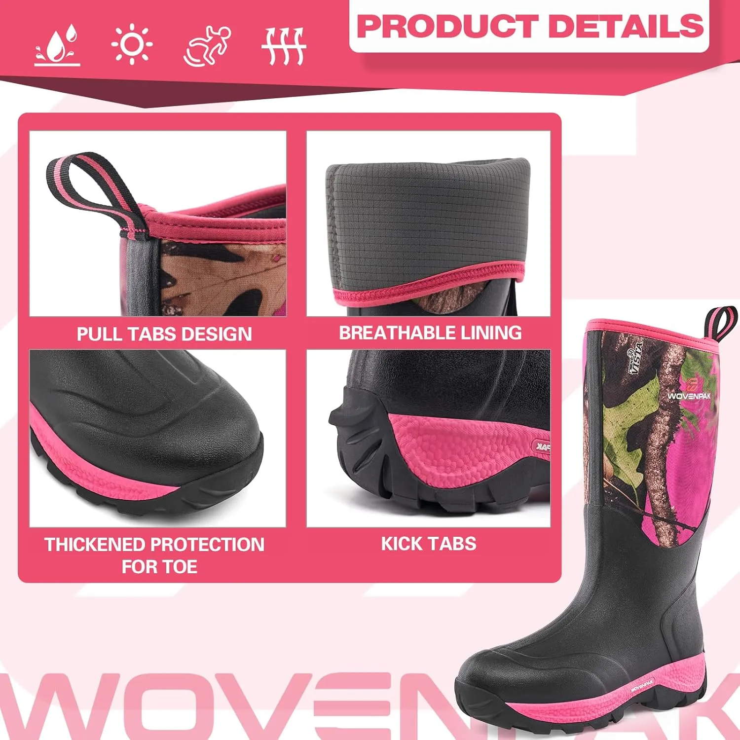 WOVENPAK Rubber Boots for Women, Waterproof Rain Boots Women with Steel Shank, Insulated Hunting Boots, Neoprene Garden Mud Boots All Season for Hunting, Gardening, Farming, Size 6-11