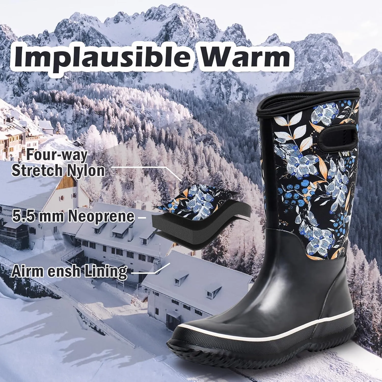 WTW Mid Calf Rain Boots for Women - Waterproof Insulated Neoprene Mud Boots Outdoor Hunting Garden Boots