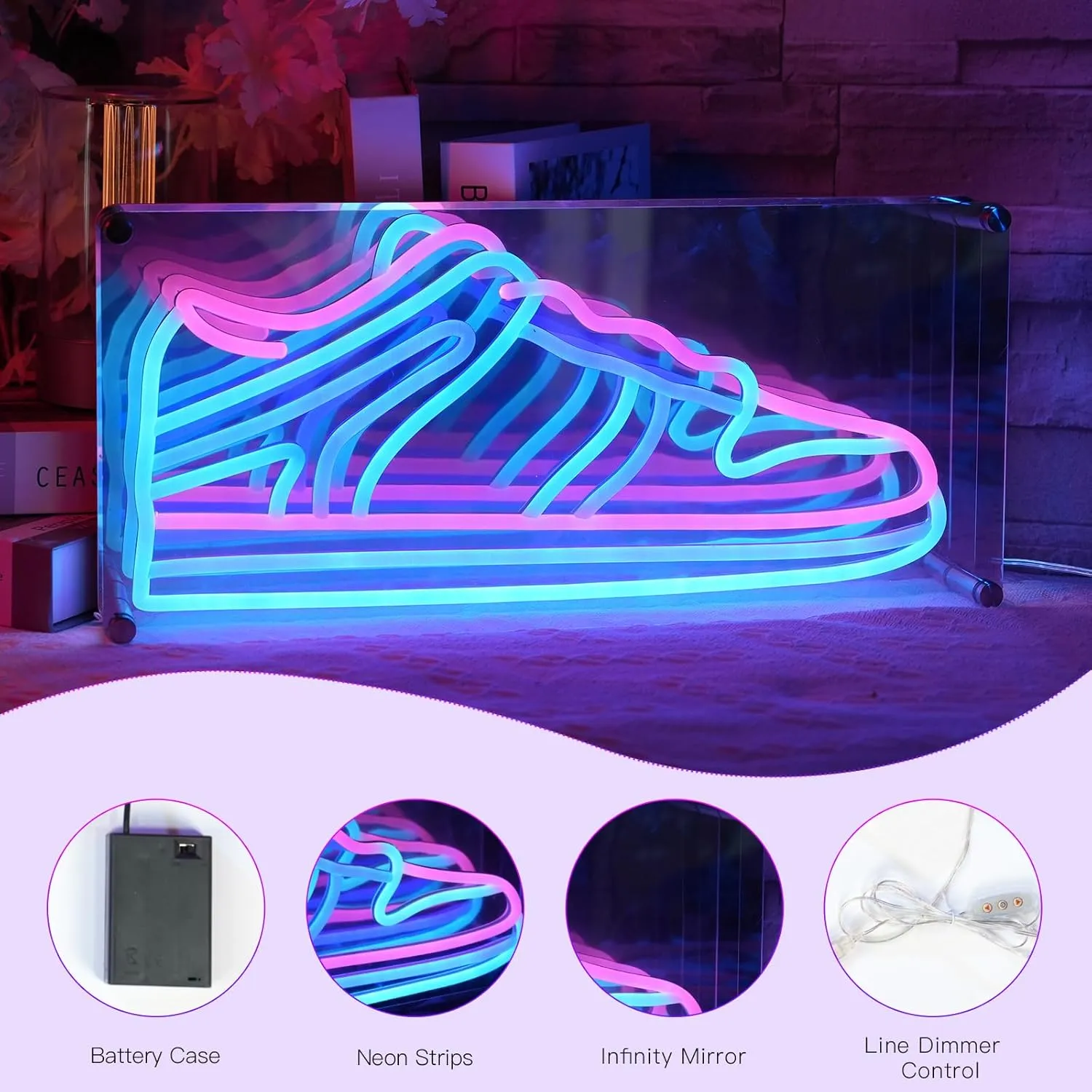 YALLOVE Sneaker Neon Sign, Infinity Mirror LED Light for Wall Decoration, USB Powered Shoe Neon Light, Brightness Adjustable (Battery Case)