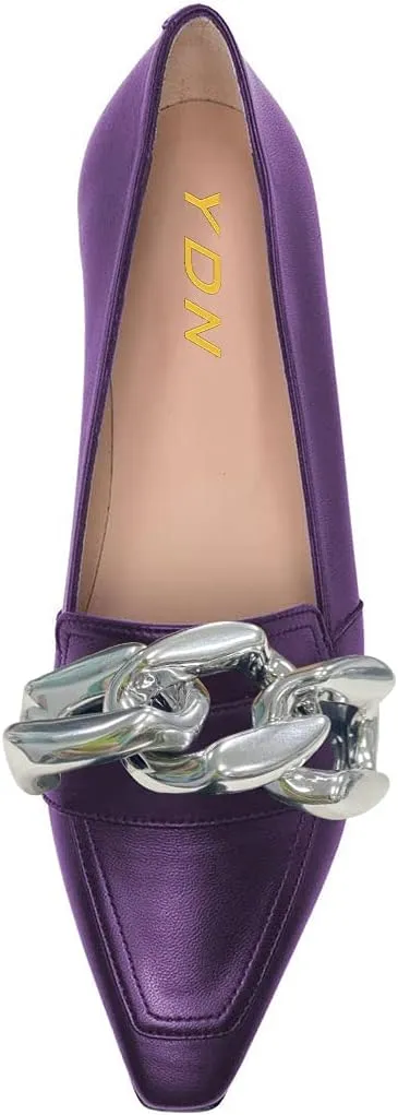 YDN Women Chic Closed Toe Ballet Flats Metal Chain Slip On Pumps Loafers Soft Walking Shoes
