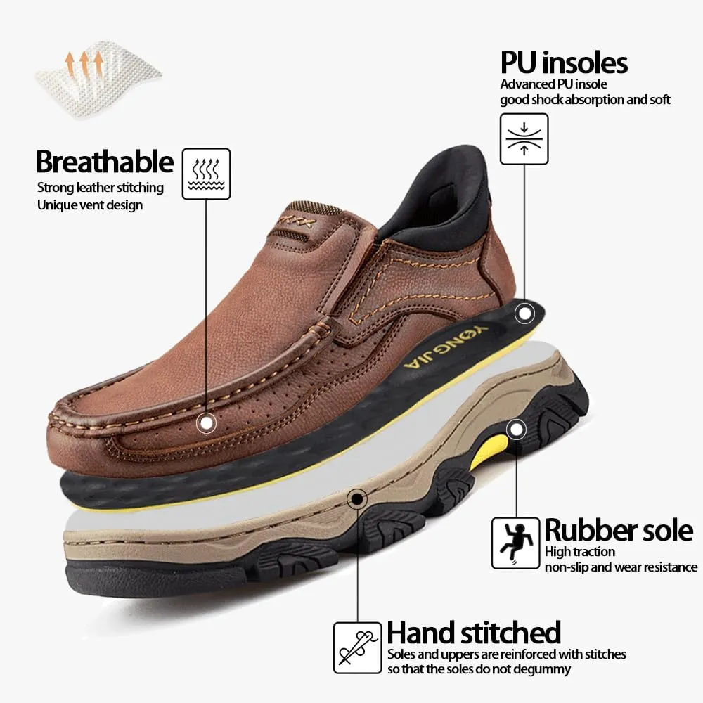YONGJIA Mens Hands Free Slip in Loafers Walking Slip on Leather Casual Comfortable Breathable Shoes