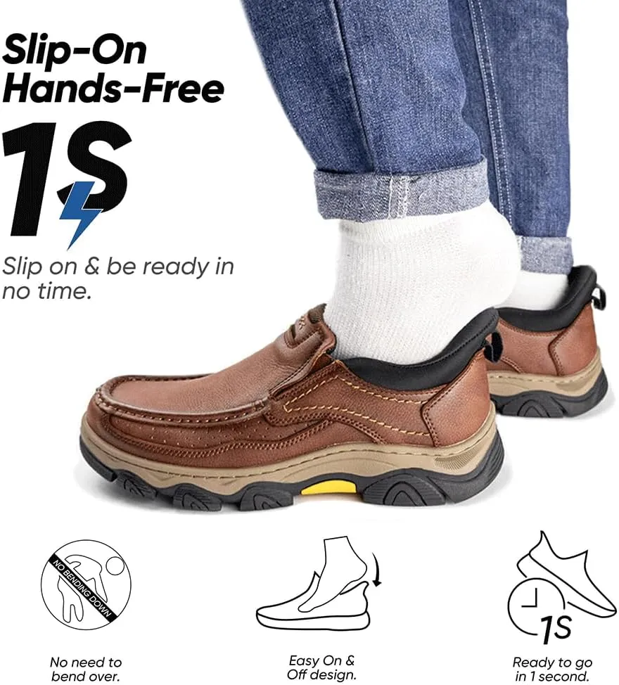 YONGJIA Mens Hands Free Slip in Loafers Walking Slip on Leather Casual Comfortable Breathable Shoes