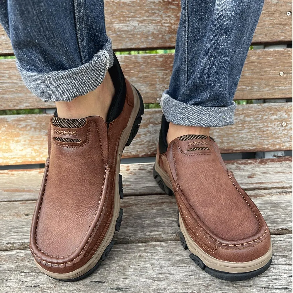YONGJIA Mens Hands Free Slip in Loafers Walking Slip on Leather Casual Comfortable Breathable Shoes