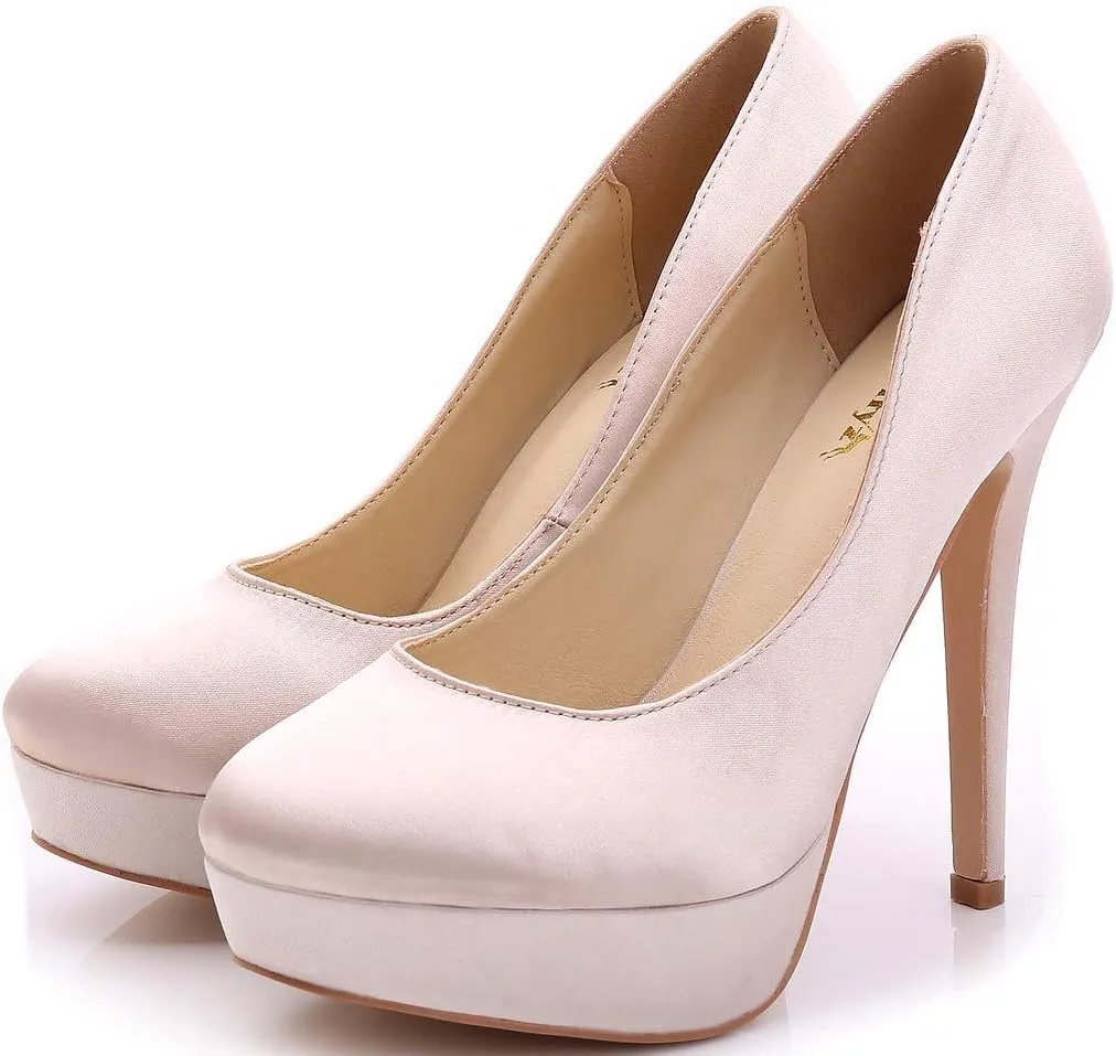 YooPrettyz Women Round Toe Wedding Pumps Platform Satin Stiletto Slip On Evening Heels