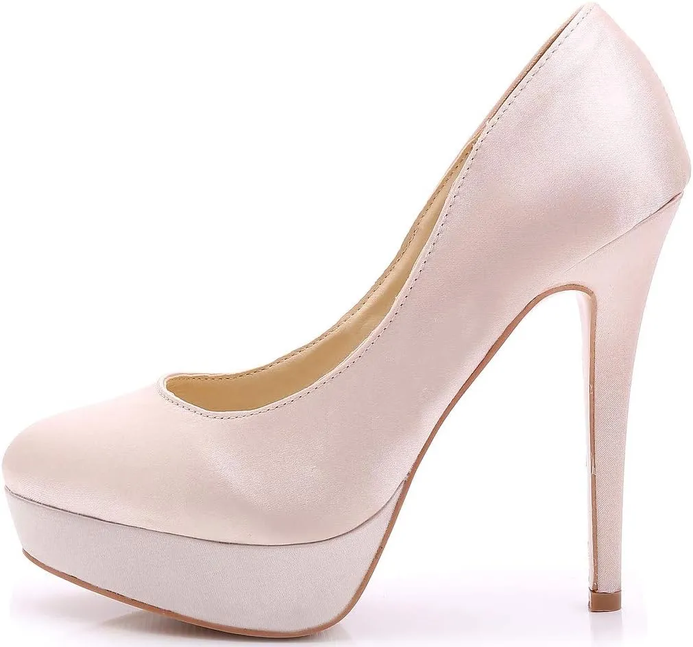 YooPrettyz Women Round Toe Wedding Pumps Platform Satin Stiletto Slip On Evening Heels