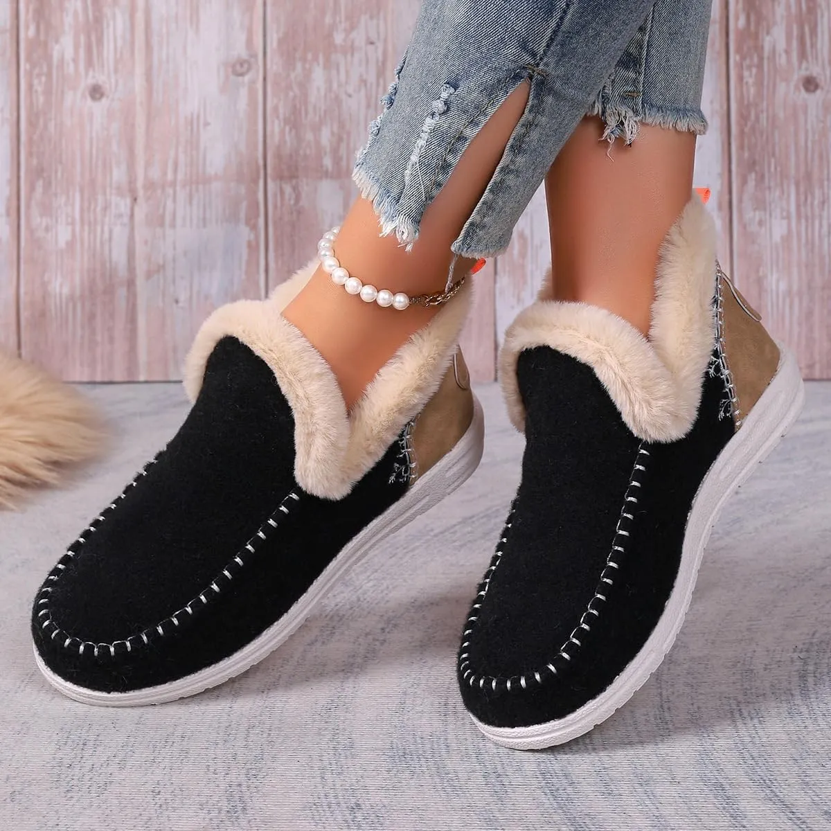 YTINGNICE Soft Plush Slip-on Sneakersz,Suede Soft Plush Slip On Sneakers,Warm Cozy Slipper Boots for Women
