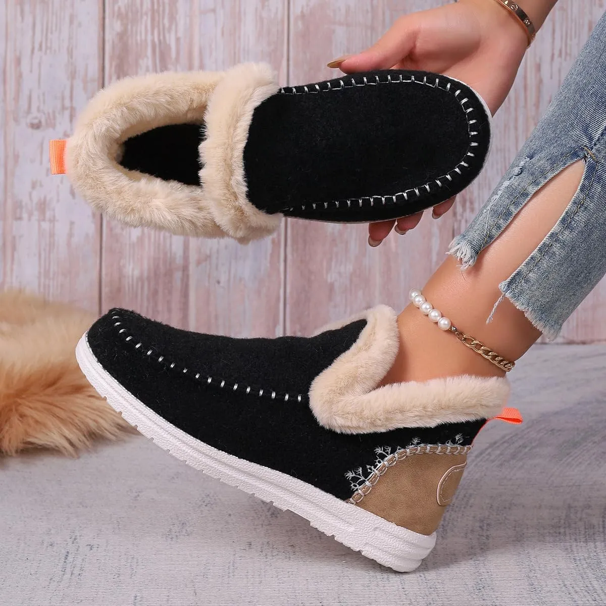YTINGNICE Soft Plush Slip-on Sneakersz,Suede Soft Plush Slip On Sneakers,Warm Cozy Slipper Boots for Women
