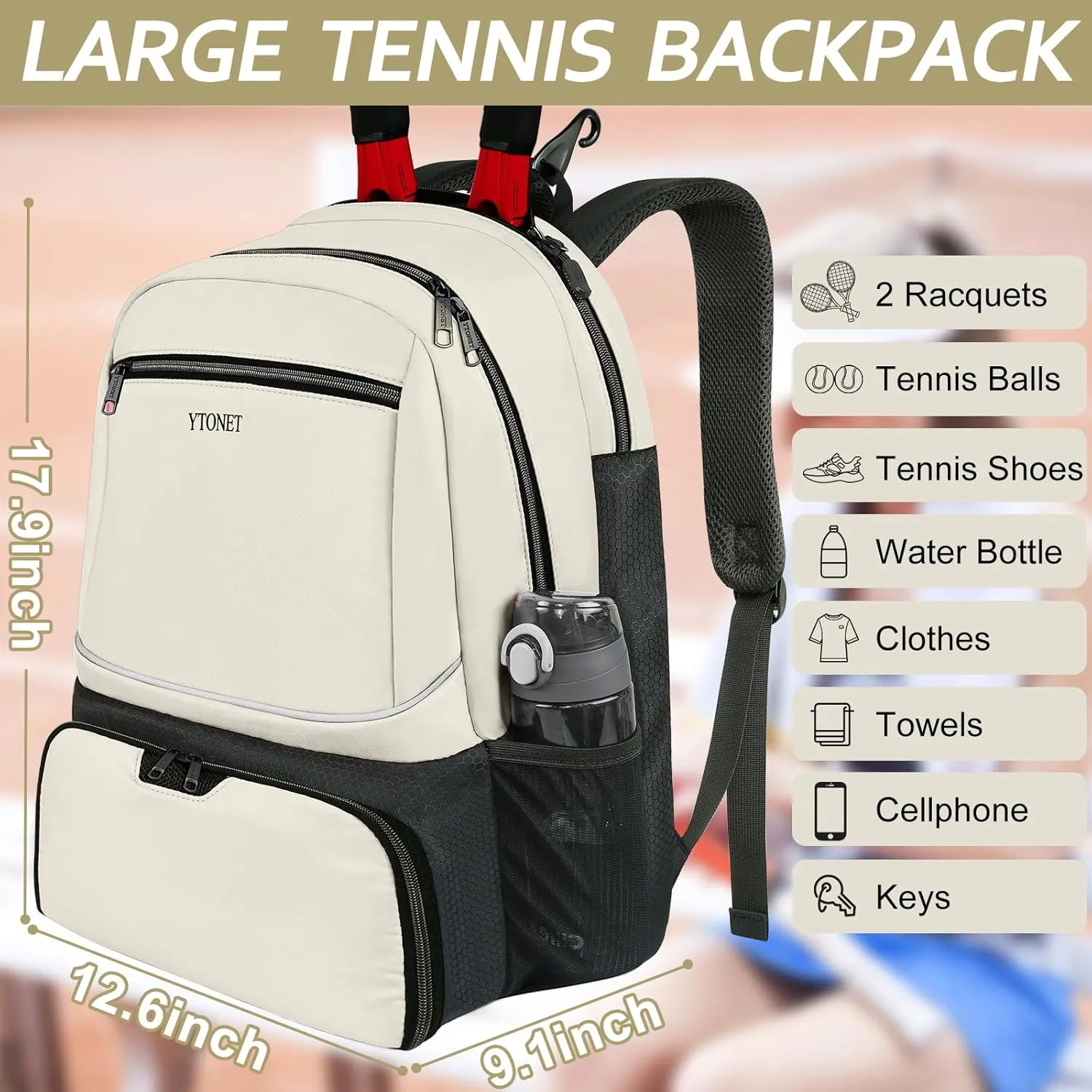 Ytonet Tennis Bag Tennis Backpack for Women Men 2 Rackets with Insulated Pocket Ventilated Shoe Compartment