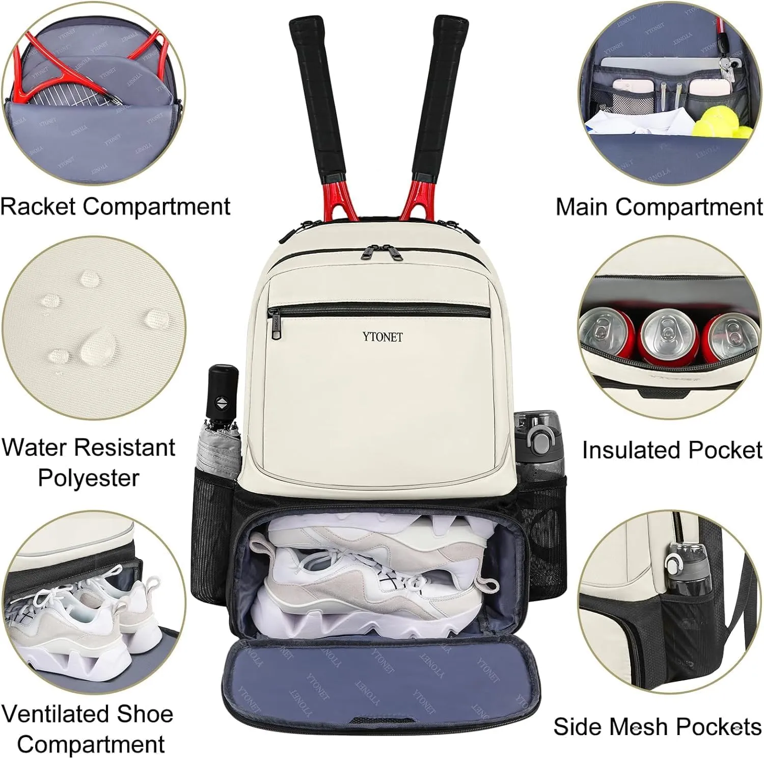 Ytonet Tennis Bag Tennis Backpack for Women Men 2 Rackets with Insulated Pocket Ventilated Shoe Compartment