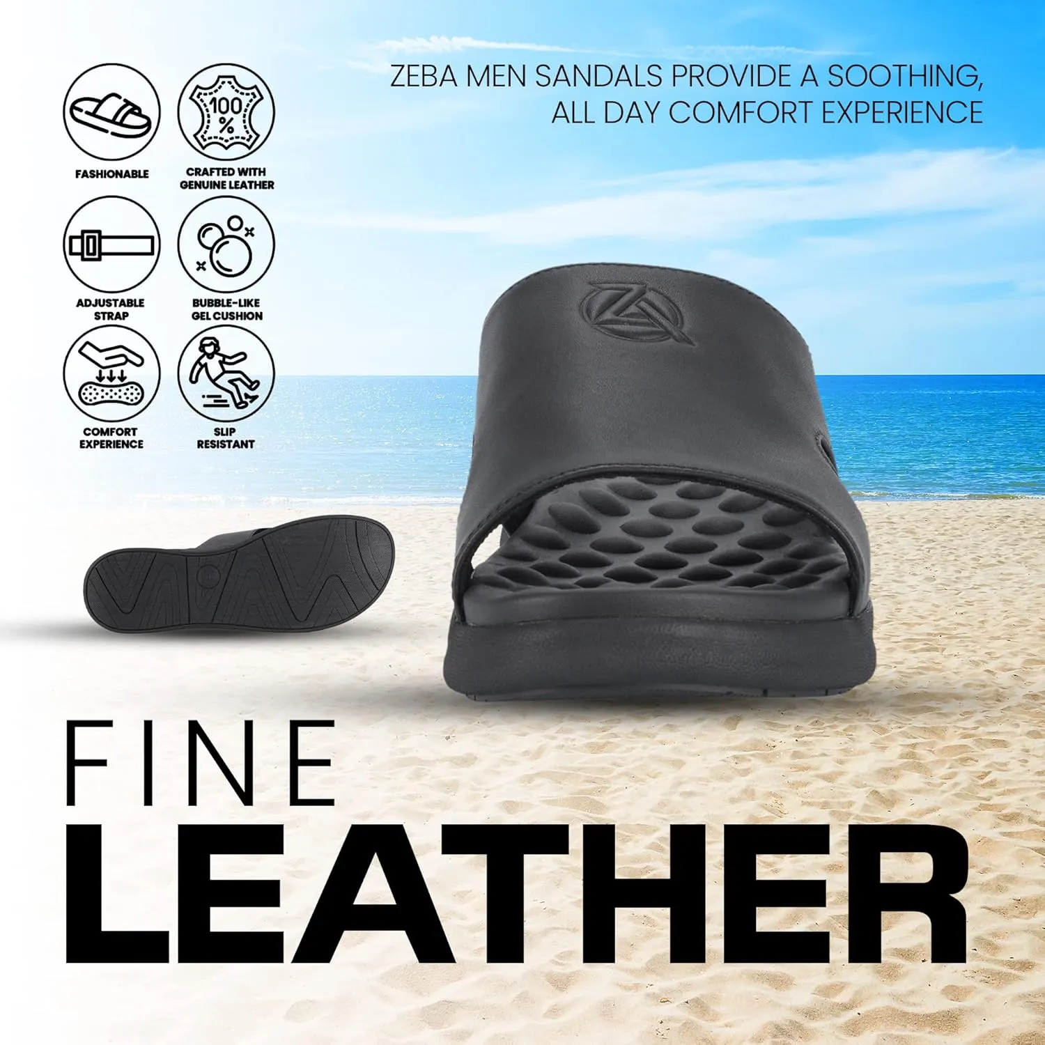 ZEBA Men's Premium Leather Easy Slip-On Massaging Sandals Slides