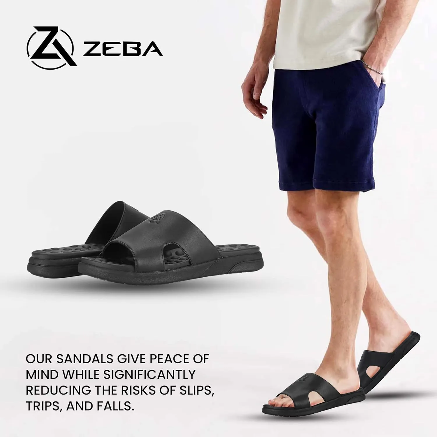 ZEBA Men's Premium Leather Easy Slip-On Massaging Sandals Slides