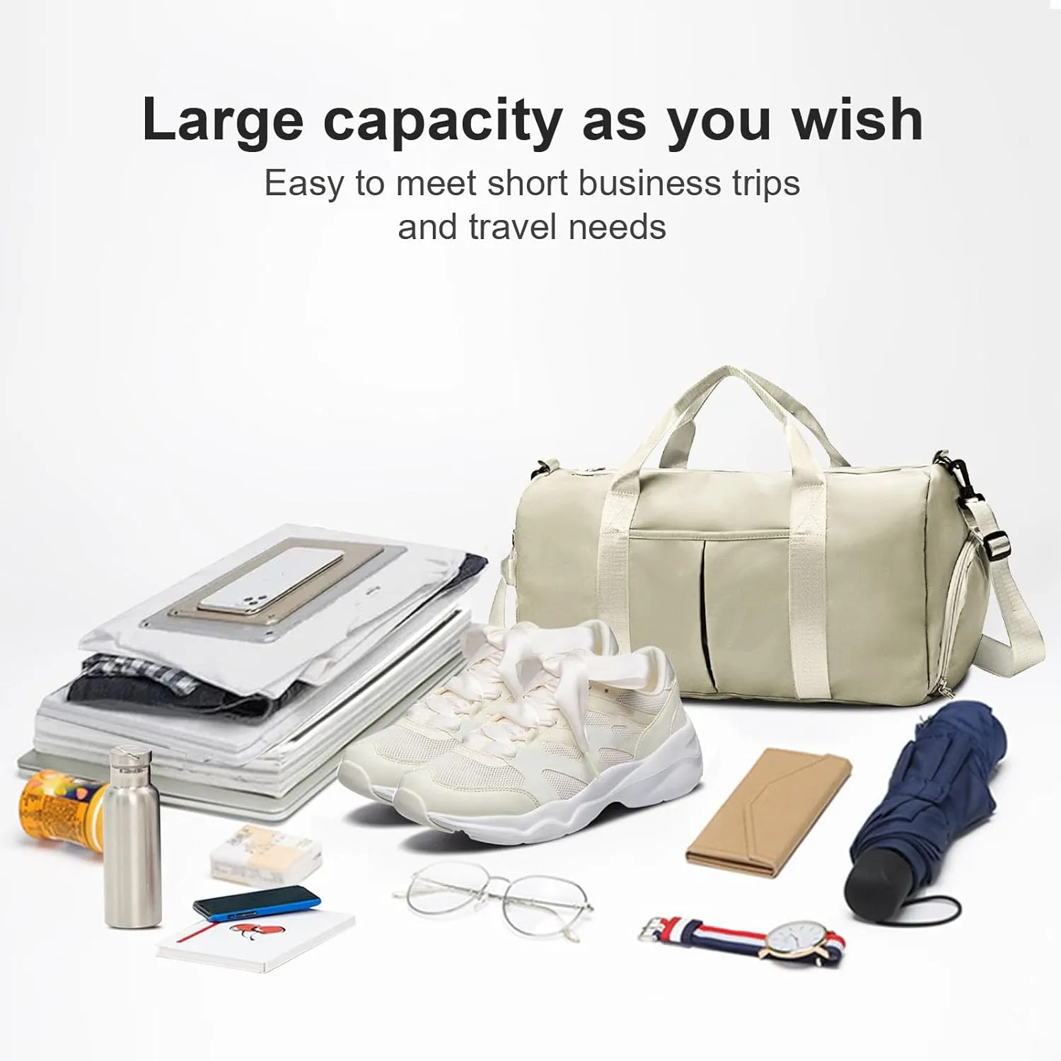 ZGWJ Sports Gym Bag with Wet Pocket & Shoes Compartment, Waterproof Shoulder Weekender Bag for Women and Men Swim Sports Travel Lightweight and easy Carry on Beige