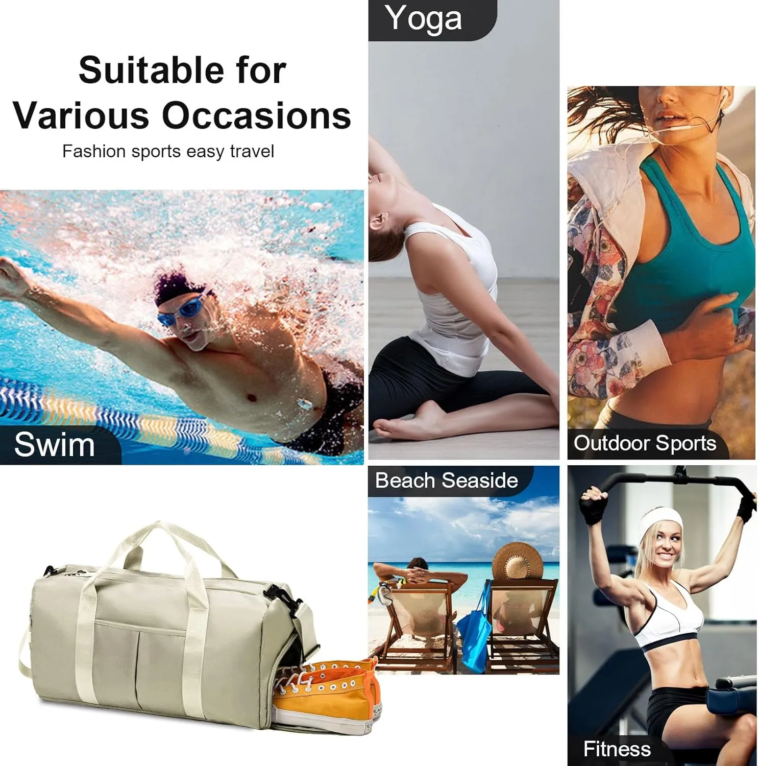 ZGWJ Sports Gym Bag with Wet Pocket & Shoes Compartment, Waterproof Shoulder Weekender Bag for Women and Men Swim Sports Travel Lightweight and easy Carry on Beige